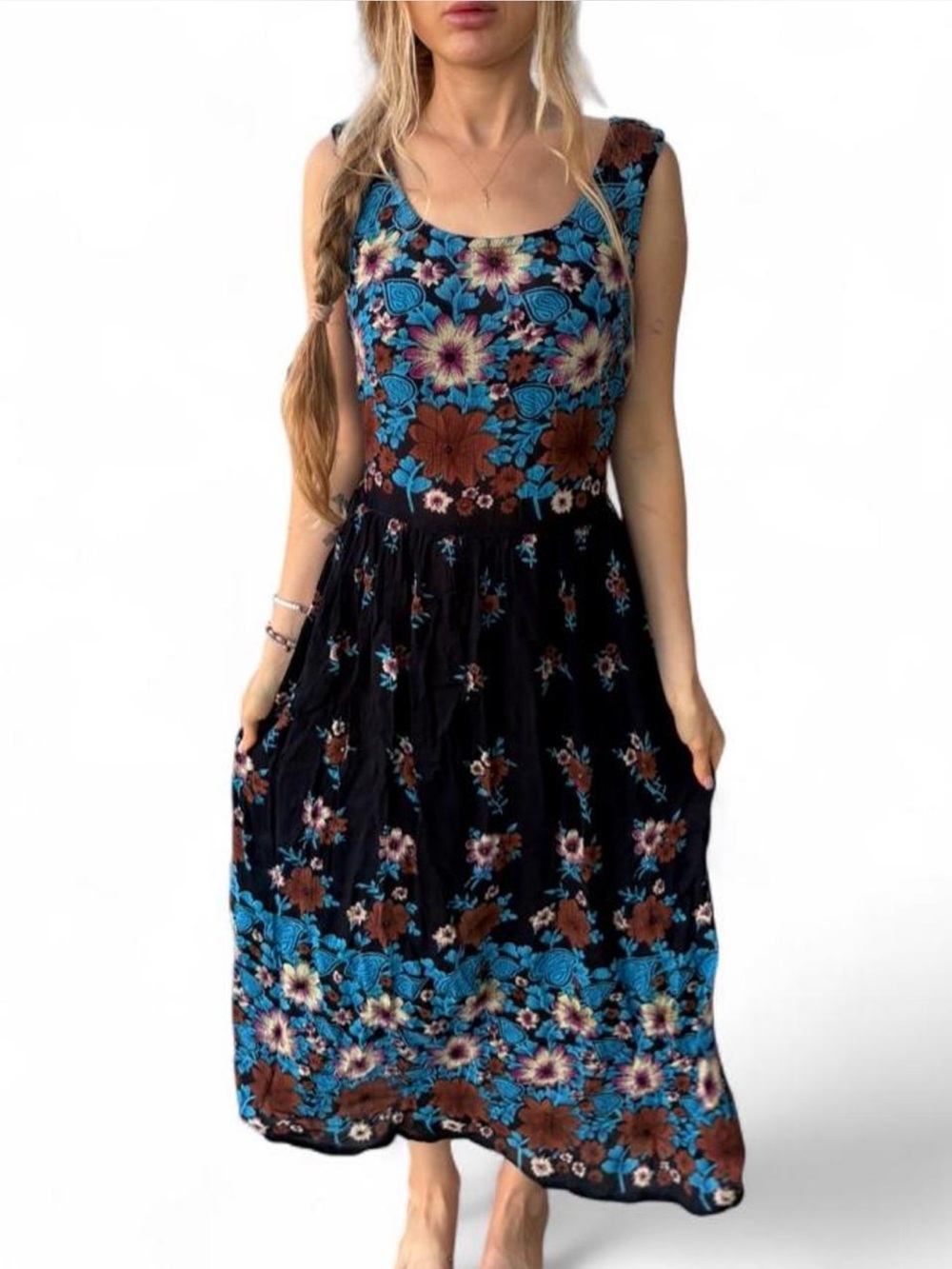 Whimsical dark navy blue modest nap style boho CottageCore sun dress maxi